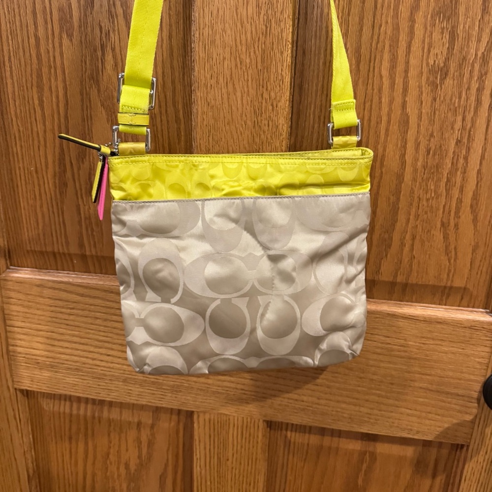 Coach Signature Nylon Crossbody Bag F1457-F17576 – Neon Yellow/Khaki - Picture 4 of 6